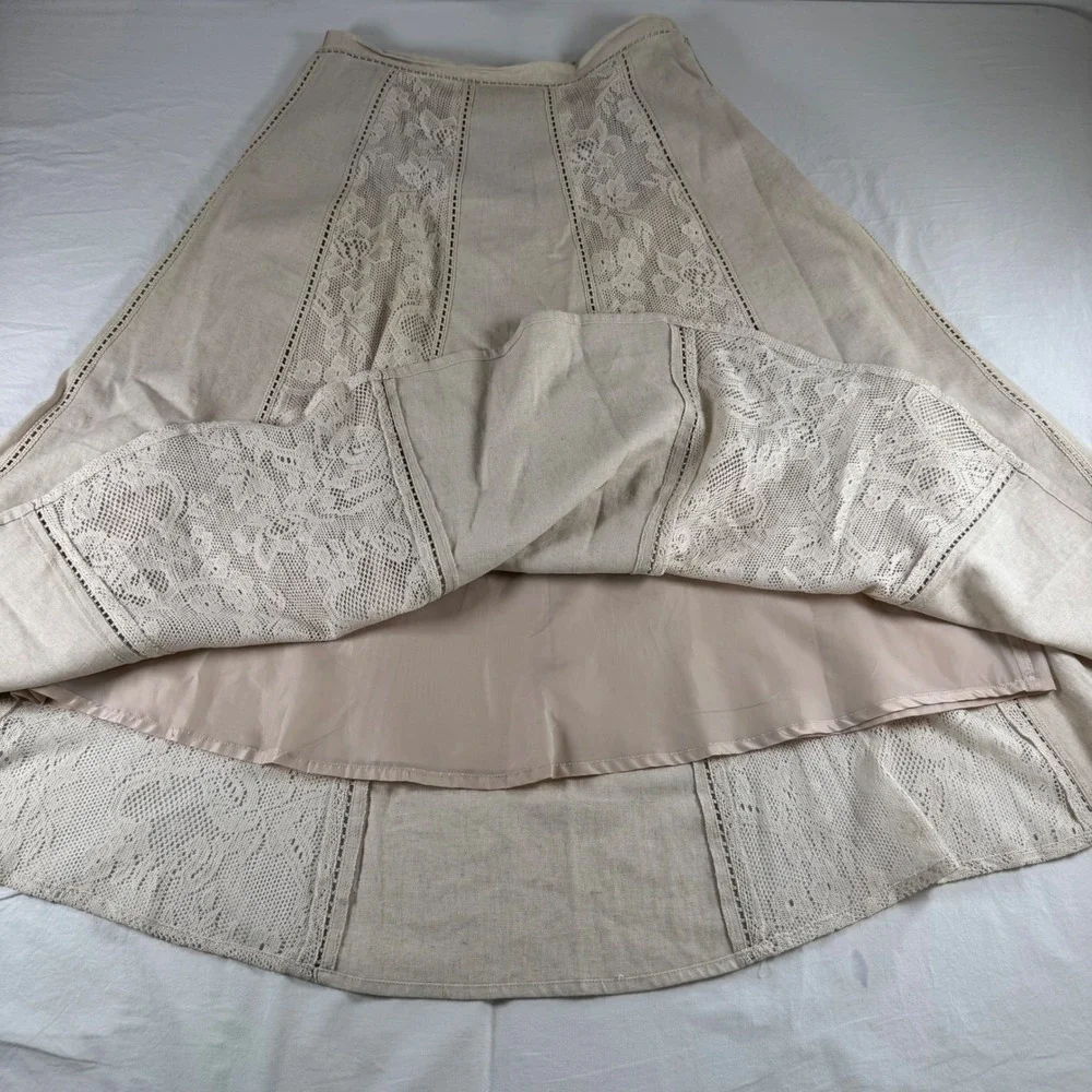 Coldwater Creek Women's Size PS Tan Linen Blend Crochet Lace‎ Panel Maxi Skirt